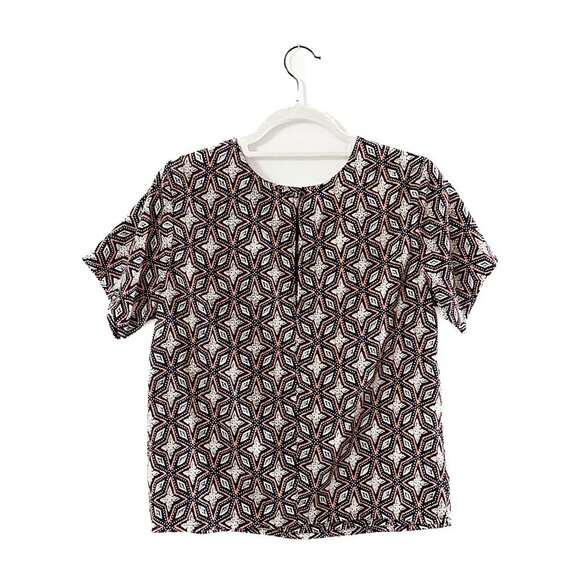 LUMIERE Short Sleeve Navy and Orange Printed Blouse - Size Small - Picture 3 of 3